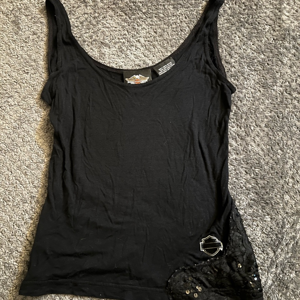 Harley-Davidson Black Asymmetrical Embellished Tank Top HOLD